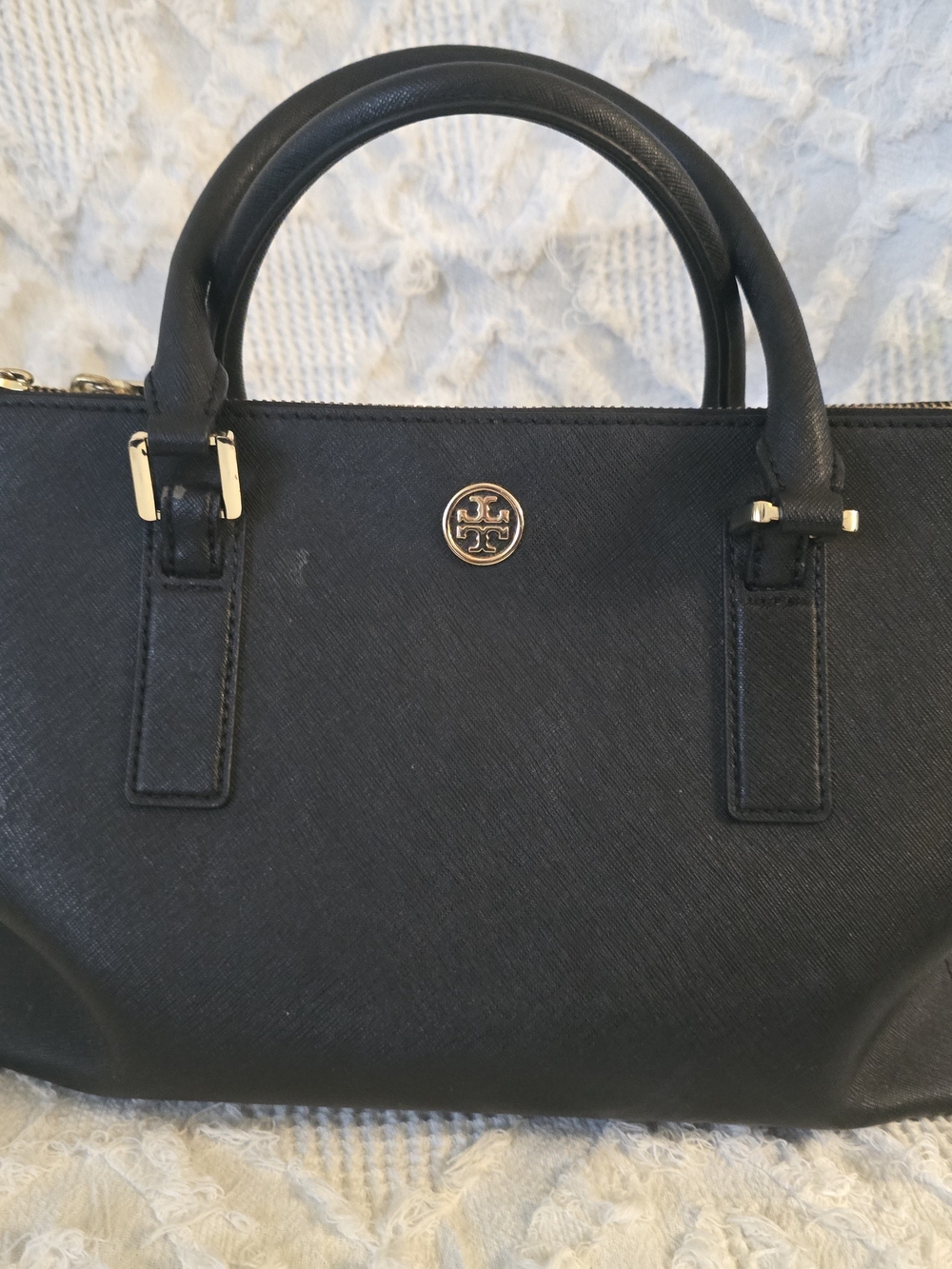 Tory Burch Black Saffiano Leather Satchel with Gold Logo